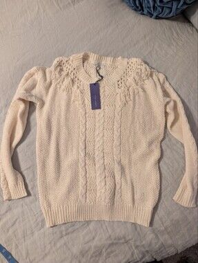 NWT Rebecca Minkoff Barb Cable Knit Fringe Sweater Canvas Cream XS